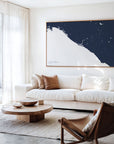 Newport Beach navy horizontal canvas map in an oak framed room scene