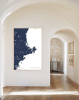 North Shore Massachusetts navy vertical canvas map in the Bello mixed room scene
