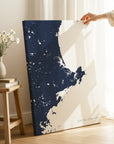 North Shore Massachusetts navy vertical wrapped canvas map in the ratio 2:3 hand mockup