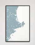 North Shore Massachusetts Coastal Map — Canvas Vertical, soft-blue, Black Frame