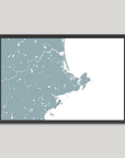 North Shore Massachusetts Coastal Map — Fine Art Print Horizontal, soft-blue, Black Frame, 10x8