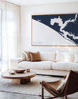 Panama City Beach navy horizontal canvas map in an oak framed room scene
