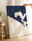 Panama City Beach navy vertical wrapped canvas map in the ratio 2:3 hand mockup