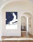 Pensacola navy vertical canvas map in the Bello mixed room scene