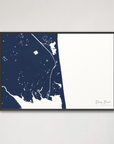Dewey Beach horizontal canvas map, Navy, Black Frame