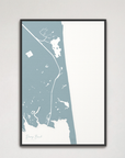 Dewey Beach vertical canvas map, Soft Blue, Black Frame
