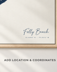 Folly Beach horizontal canvas map in Navy, location and coordinates detail