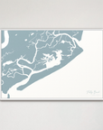 Folly Beach horizontal canvas map, Soft Blue, White Frame