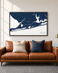 Gulf Shores horizontal canvas map in Navy, black-framed canvas above a sofa