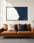 Los Angeles horizontal canvas map in Navy, black-framed canvas above a sofa