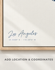 Los Angeles vertical canvas map in Navy, location and coordinates detail