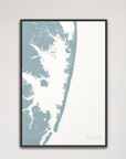 Ocean City vertical canvas map, Soft Blue, Black Frame