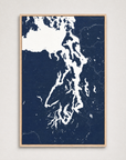 Puget Sound vertical canvas map, Navy, Light Wood