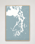 Puget Sound vertical canvas map, Soft Blue, Natural Oak