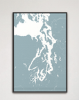 Puget Sound vertical canvas map, Soft Blue, Black Frame