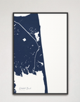 Rehoboth Beach vertical canvas map, Navy, Black Frame