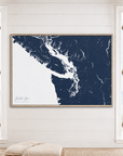 Salish Sea horizontal canvas map in Navy, window interior