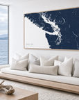 Salish Sea horizontal canvas map in Navy, bench beside a water view