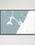 Portsmouth Coastal Map — Canvas Horizontal, soft-blue, Black Frame