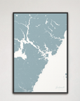 Portsmouth Coastal Map — Canvas Vertical, soft-blue, Black Frame