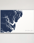 Saint Simons Island Coastal Map — Canvas Horizontal, navy, White Frame