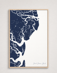 Saint Simons Island Coastal Map — Canvas Vertical — navy, Light Wood