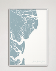 Saint Simons Island Coastal Map — Canvas Vertical, soft-blue, White Frame