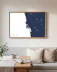 San Diego Coast navy horizontal canvas map in an oak framed room scene