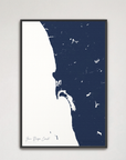 San Diego Coast Coastal Map — Canvas Vertical, navy, Black Frame
