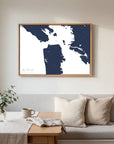 San Francisco navy horizontal canvas map in an oak framed room scene