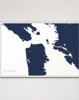 San Francisco Coastal Map — Canvas Horizontal, navy, White Frame