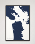 San Francisco Coastal Map — Canvas Vertical, navy, Black Frame