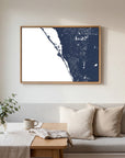 Siesta Key navy horizontal canvas map in an oak framed room scene