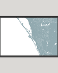 Siesta Key Coastal Map — Fine Art Print Horizontal, soft-blue, Black Frame, 10x8