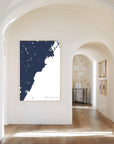 Southern Maine Coast navy vertical canvas map in the Bello mixed room scene
