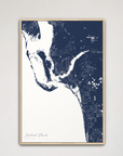 Southwest Florida Coastal Map — Canvas Vertical, navy, Natural Oak