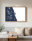 Space Coast navy horizontal canvas map in an oak framed room scene