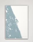 Space Coast Coastal Map — Canvas Vertical, soft-blue, White Frame