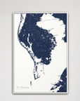 St. Petersburg Coastal Map — Canvas Vertical, navy, White Frame