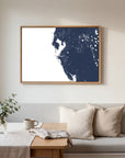 Tampa Bay navy horizontal canvas map in an oak framed room scene