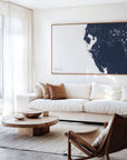 Tampa Bay navy horizontal canvas map in an oak framed room scene