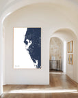 Tampa Bay navy vertical canvas map in the Bello mixed room scene