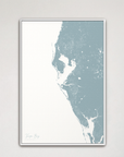 Tampa Bay / Sarasota Coastal Map — Canvas Vertical, soft-blue, White Frame