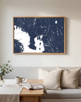 Tampa navy horizontal canvas map in an oak framed room scene
