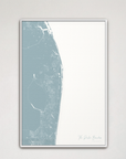 The Palm Beaches Coastal Map — Canvas Vertical, soft-blue, White Frame
