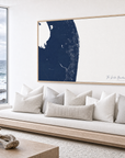 The Palm Beaches canvas map — sea-view bench interior