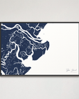 Tybee Island Coastal Map — Canvas Horizontal, navy, Black Frame