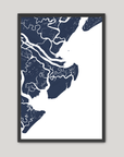 Tybee Island Coastal Map — Fine Art Print Vertical, navy, Black Frame, 8x10