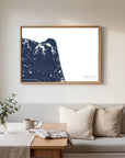 Virginia Beach navy horizontal canvas map in an oak framed room scene