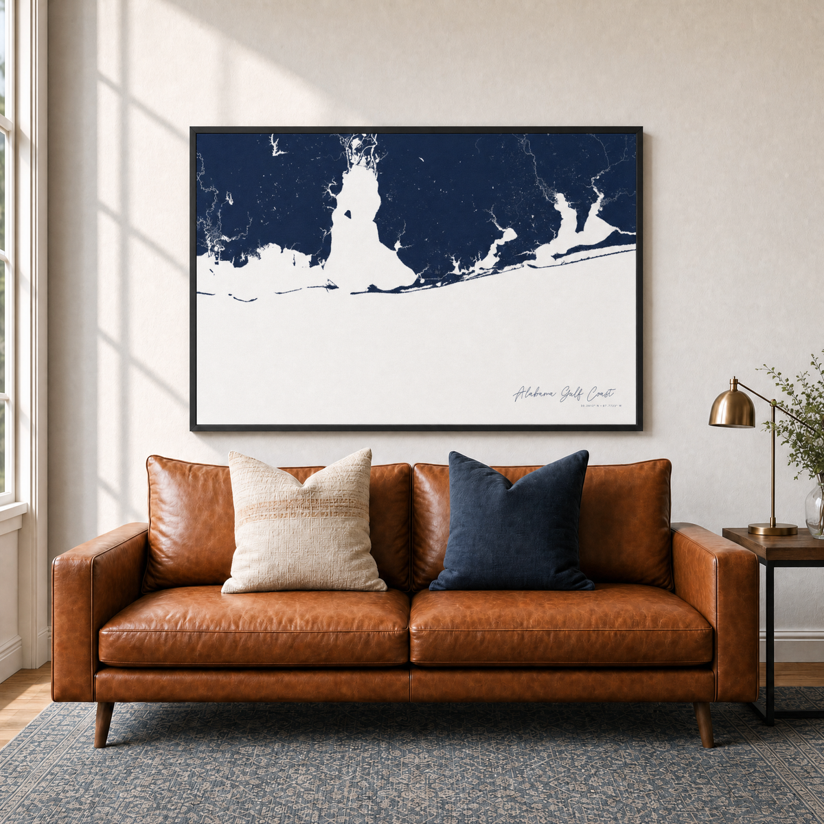 Alabama Gulf Coast canvas map — two-pillow black-frame sofa interior